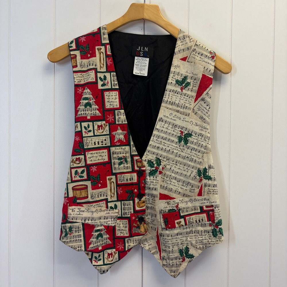 Vintage JLN USA Holiday Christmas Vest Women Medium Sheet Music Holly